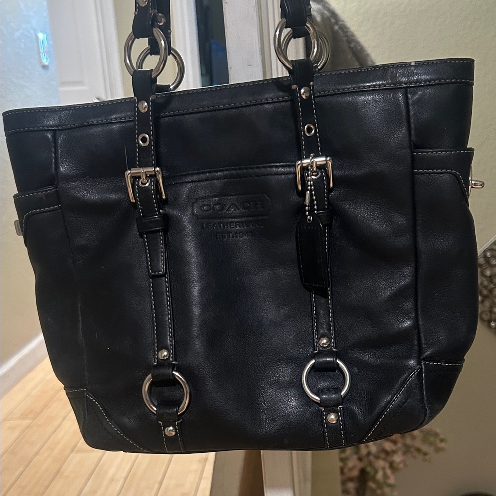 Coach Black Leather Tote with Ring Hardware